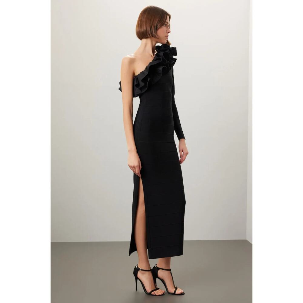 HERVE LEGER Black Bandage Asymmetrical Ruffle Gown One Shoulder Size M Ret $1990